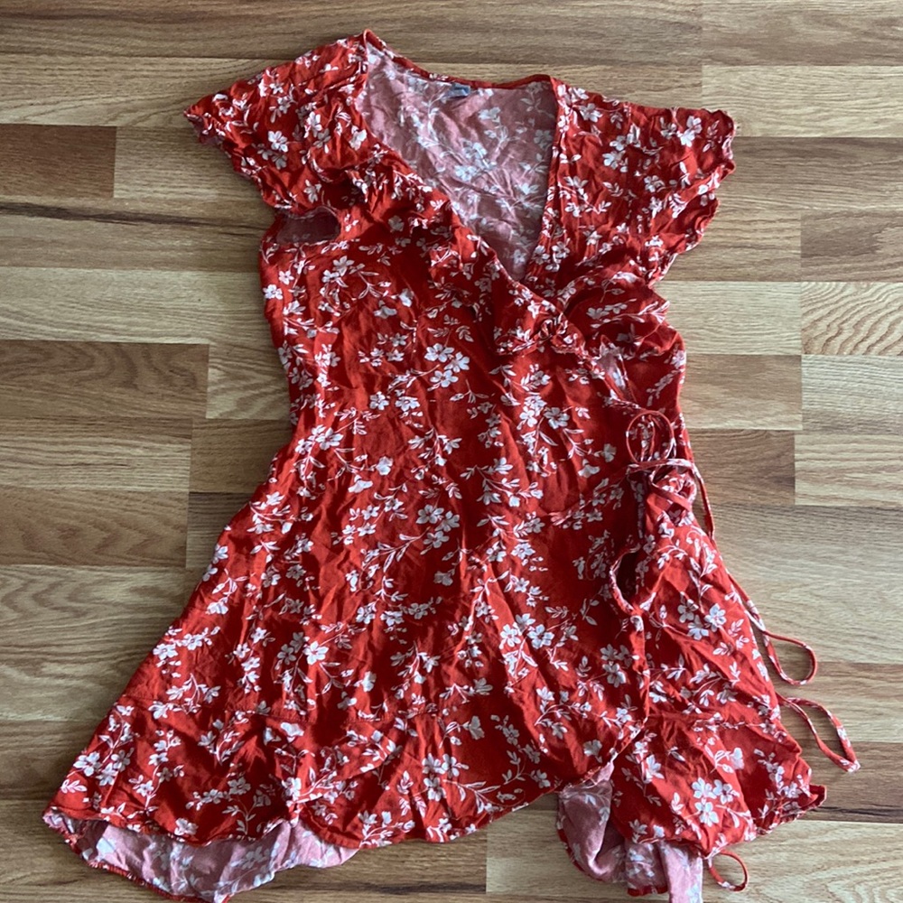 Rust Orange Flower Wrap Dress